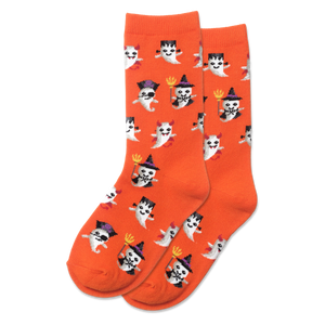 Orange socks with Halloween-themed ghost designs on a white background