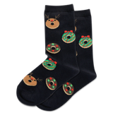Black socks with reindeer and donut patterns on a white background