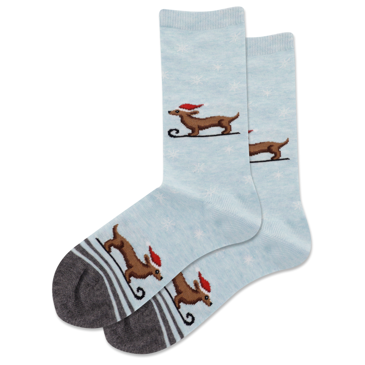 Light blue socks with dachshund dog illustrations on a white background