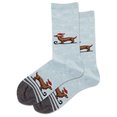 Light blue socks with dachshund dog illustrations on a white background