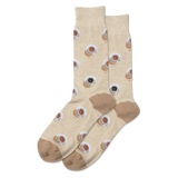 A pair of beige crew socks with a coffee cup pattern