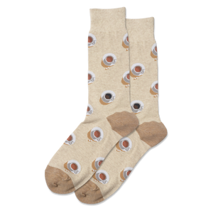 A pair of beige crew socks with a coffee cup pattern