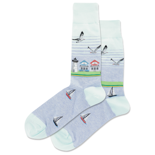 Light Blue HOTSOX Men's Beach Scene Crew Socks