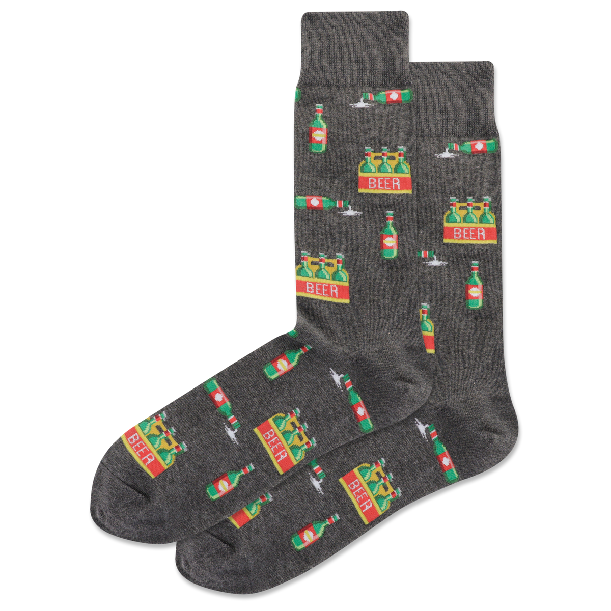 Dark gray socks with beer bottle and glass pattern on a white background