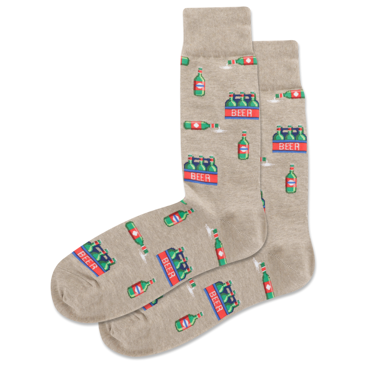 Beige socks with beer bottle and 'BEER' text pattern on a white background