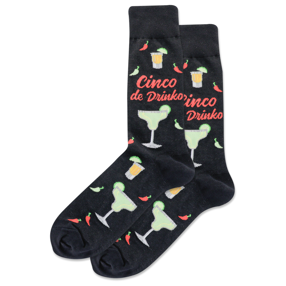 Black socks with cocktail-themed design and 'Cinco de Drinko' text on a white background