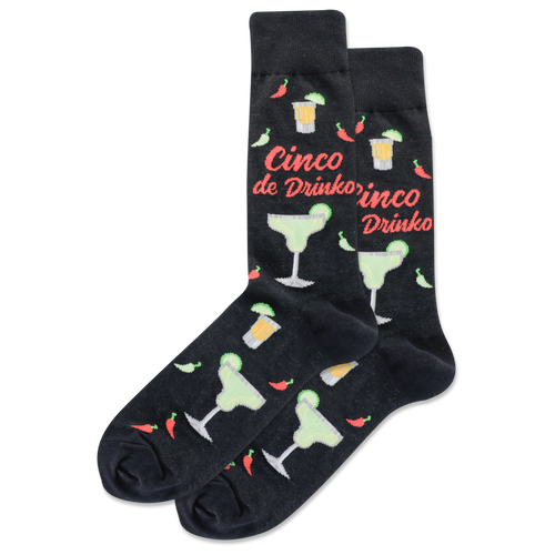 Black socks with cocktail-themed design and 'Cinco de Drinko' text on a white background