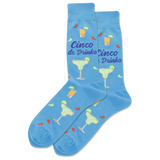Blue socks with cocktail-themed design and 'Cinco de Drinko' text on a white background