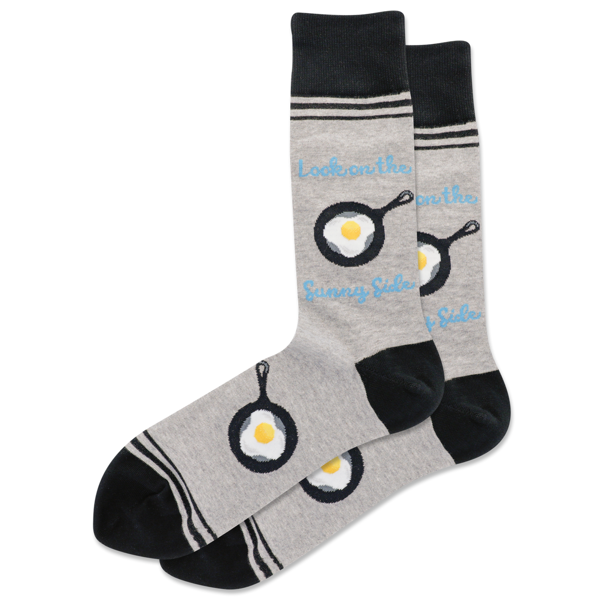 Gray socks with egg and pan design on a white background