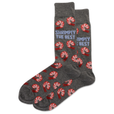 Gray socks with red shrimp pattern and 'Shrimply the Best' text on a white background