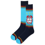 Pair of socks with a clock design and colorful stripes on a white background