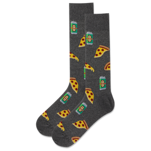 Gray socks with pizza and soda pattern on a white background