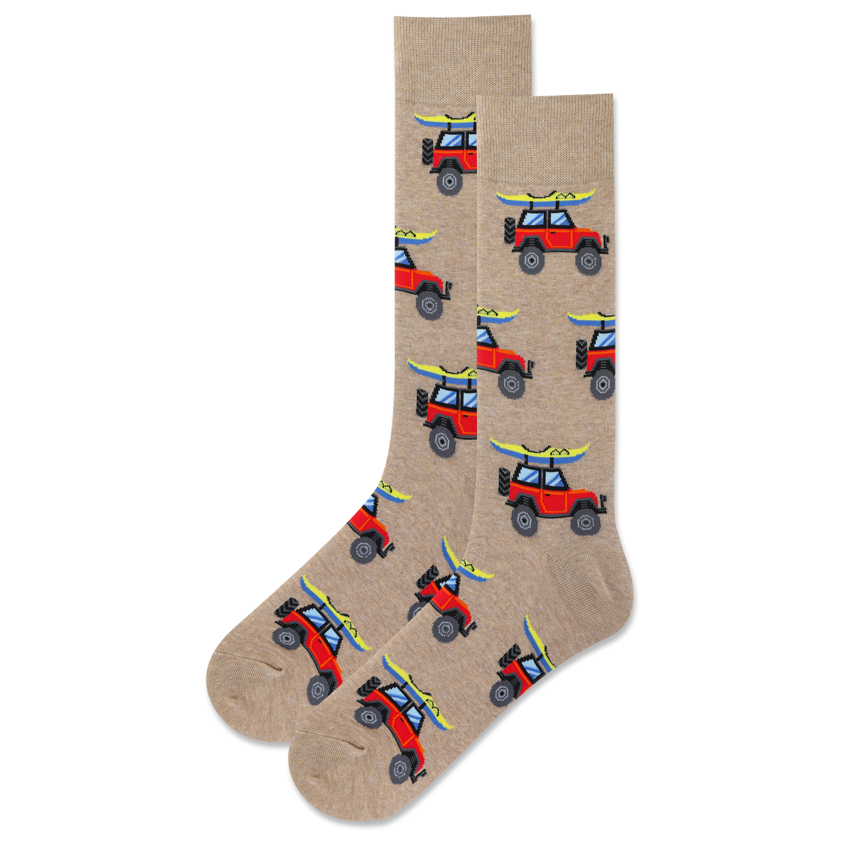 Beige socks with red and blue beach buggy pattern on a white background