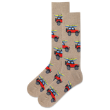 Beige socks with red and blue beach buggy pattern on a white background thumbnail