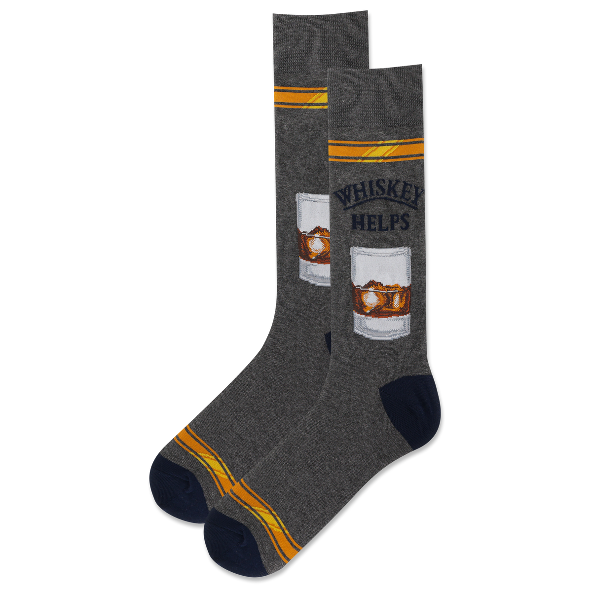 Gray socks with 'Whiskey Helps' text and whiskey glass design on a white background