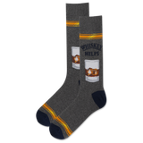 Gray socks with 'Whiskey Helps' text and whiskey glass design on a white background