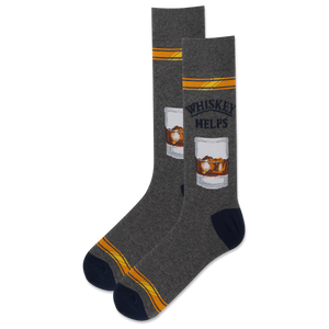 Gray socks with 'Whiskey Helps' text and whiskey glass design on a white background
