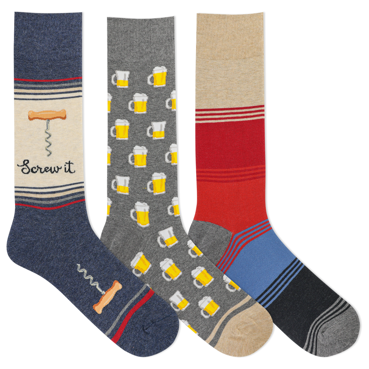 Three pairs of novelty crew socks displayed side by side on a plain white background. The left sock is navy blue with a beige section featuring a corkscrew graphic, the text 'Screw it', and a small bone detail.