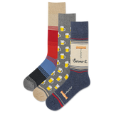 Set of three socks with different beer-themed and striped patterns on a white background thumbnail