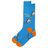 Blue socks with shark design and 'You're Great' text on a white background