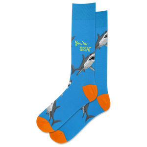 Blue socks with shark design and 'You're Great' text on a white background