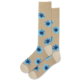Beige socks with blue flower patterns on a white background thumbnail