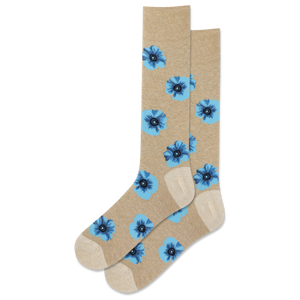 Beige socks with blue flower patterns on a white background