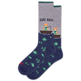 Pair of socks with cat and fish design on a white background