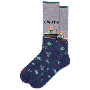 Pair of socks with cat and fish design on a white background