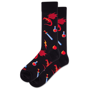 Black socks with red dragon and fantasy-themed designs on a white background