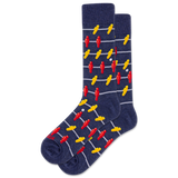 Navy blue socks with red and yellow pattern on a white background