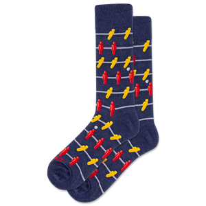 Navy blue socks with red and yellow pattern on a white background