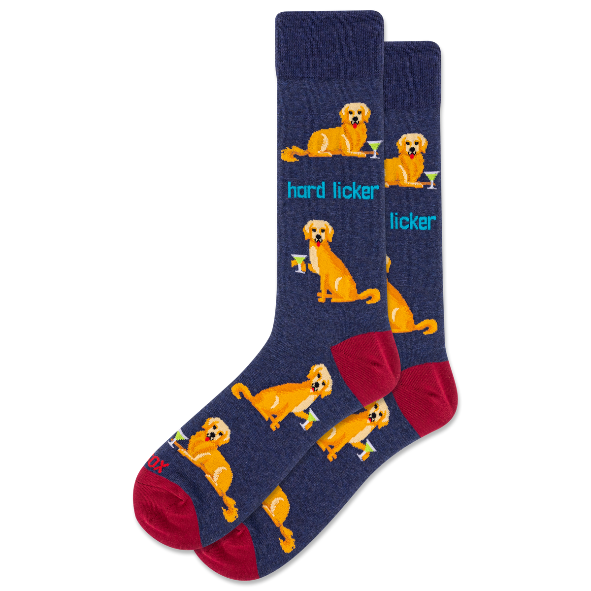 Navy socks with yellow dog illustrations and red toes on a white background