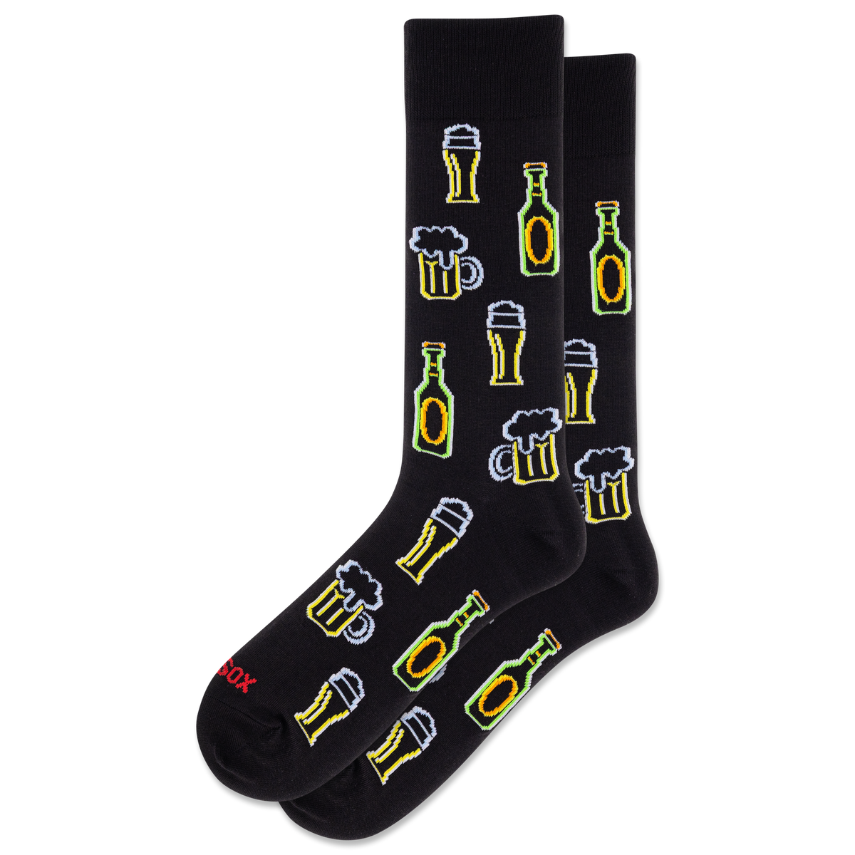 Black socks with beer bottle and mug patterns on a white background