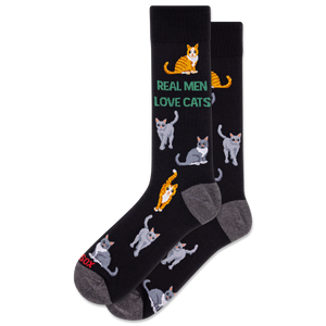 HOTSOX Men's black socks with a pattern of different cats and the phrase 'REAL MEN LOVE CATS'