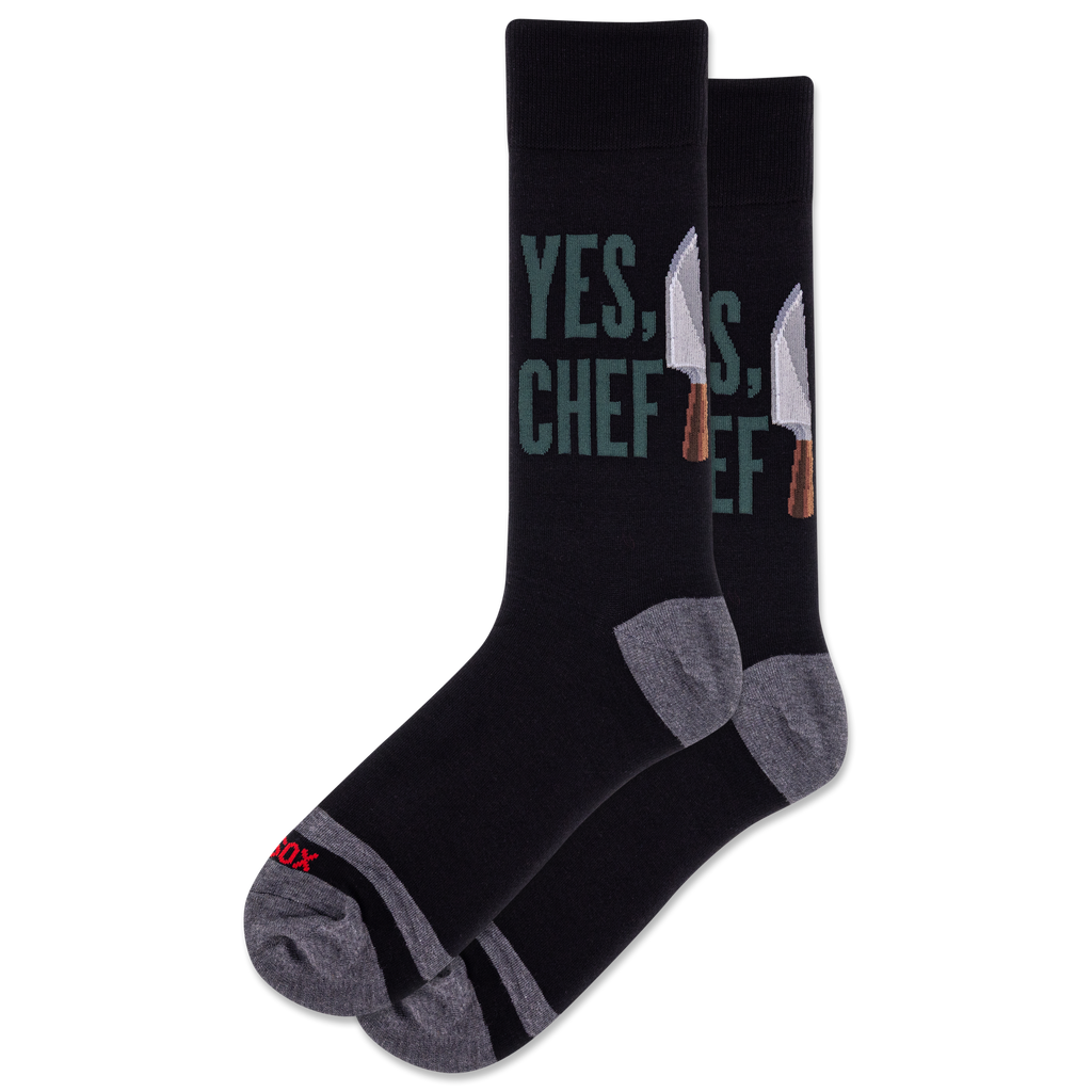 Black socks with text and knife graphics on a white background