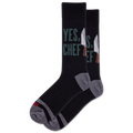 Black socks with text and knife graphics on a white background