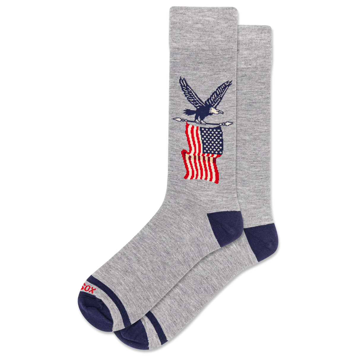 Gray sock with American flag and eagle design on a white background