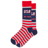 Red, white, and blue socks with 'USA All Day!' text on a white background