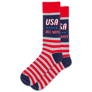 Red, white, and blue socks with 'USA All Day!' text on a white background