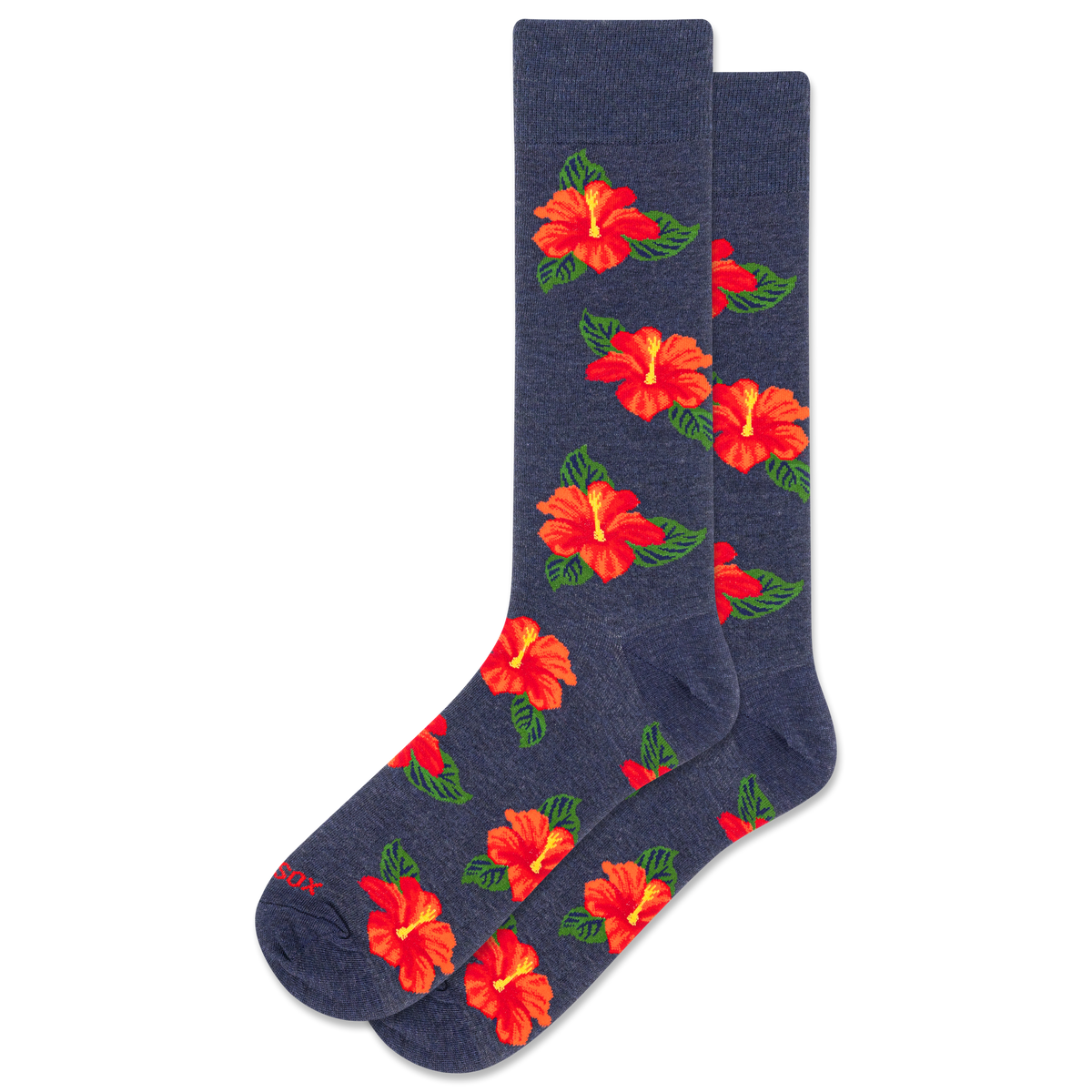 Men's navy HOTSOX sock with repeat hibiscus floral pattern