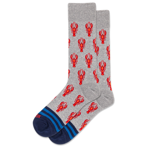 Gray socks with red lobster pattern on a white background