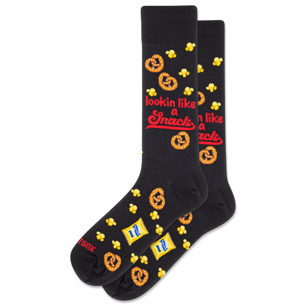 Black socks with snack-themed designs and text on a white background