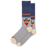 Gray socks with a cat design and 'MEOWDY' text on a white background