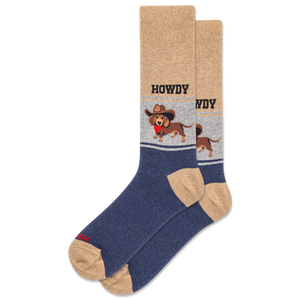 Blue sock with a dachshund graphic and 'HOWDY' text on a white background