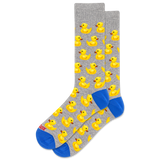 Gray socks with yellow rubber duck pattern and blue toes on a white background