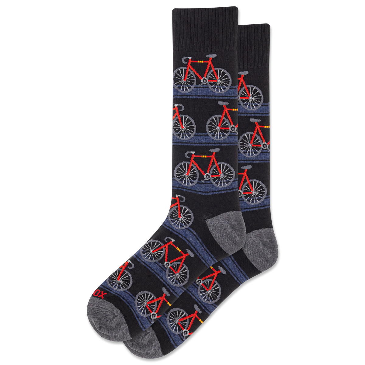 Black socks with red and gray bicycle pattern on a white background