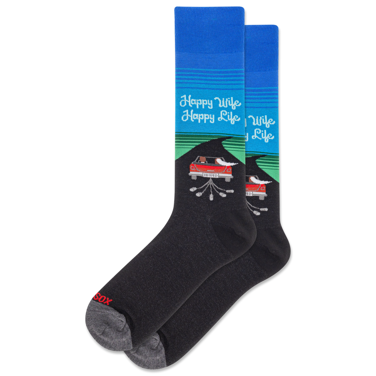 Black socks with a graphic design and text 'Happy Wife Happy Life' on a white background