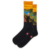 Black socks with a colorful landscape design on a white background