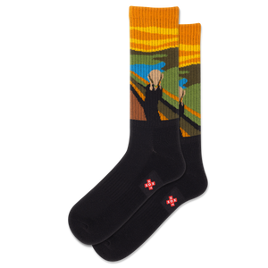Black socks with a colorful landscape design on a white background